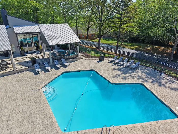Inviting outdoor pool area with stylish lounge chairs and lush greenery, perfect for relaxation and leisure.