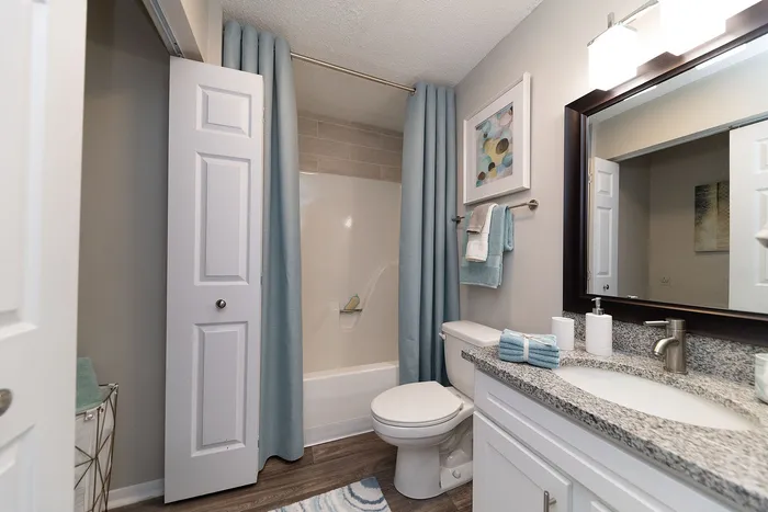 Elegant bathroom with modern fixtures, granite countertop, and soothing blue accents for a serene atmosphere.