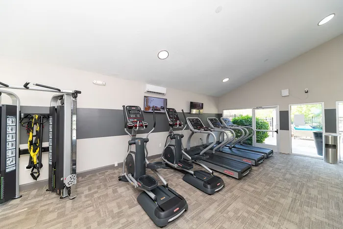 Bright and inviting fitness center featuring modern exercise equipment and natural light.