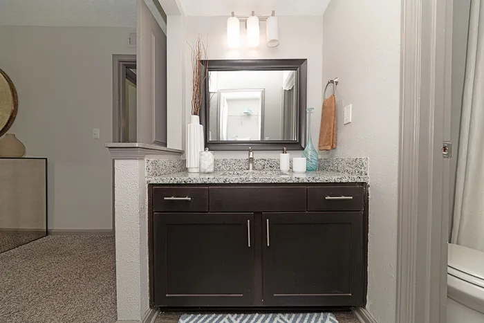 Elegant bathroom with granite countertop, stylish mirror, and modern lighting, perfect for a serene retreat.