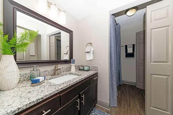 Elegant bathroom with stylish granite countertop, large mirror, and modern fixtures, complemented by a soothing blue shower curtain.