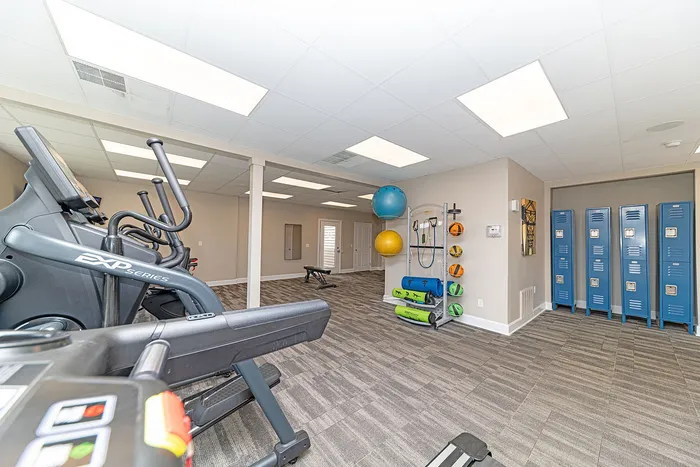 Modern gym room with state-of-the-art exercise equipment, vibrant fitness balls, and sleek blue lockers, offering a versatile workout space.