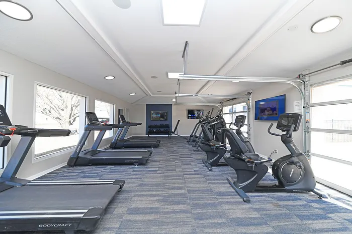Bright and modern fitness room with state-of-the-art treadmills and exercise bikes, featuring large windows for natural light and sleek design.