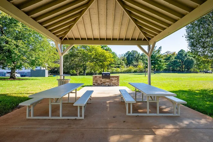 Charming outdoor pavilion with picnic tables and a stone grill set in a lush, green park offering serene relaxation.