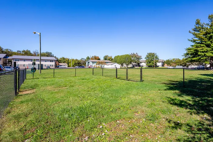 Expansive green space with a neatly fenced area, surrounded by charming homes under a bright blue sky.
