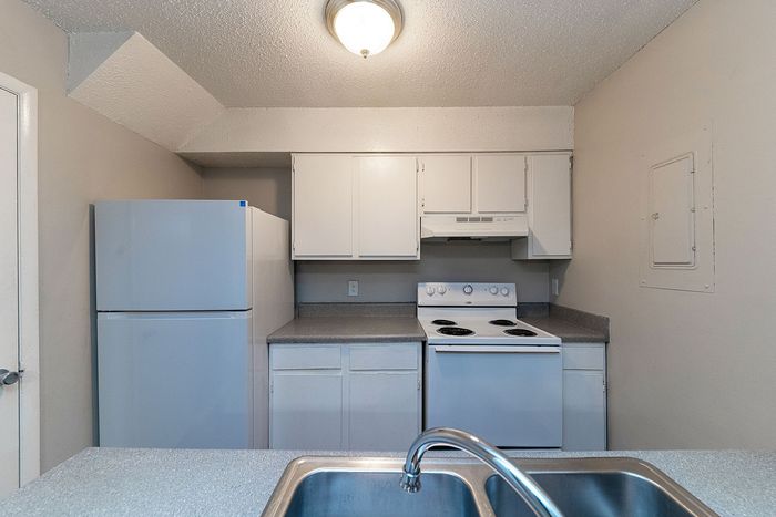 Compact and efficient kitchen with modern appliances, featuring a spacious fridge and an electric stove, ideal for convenient cooking.