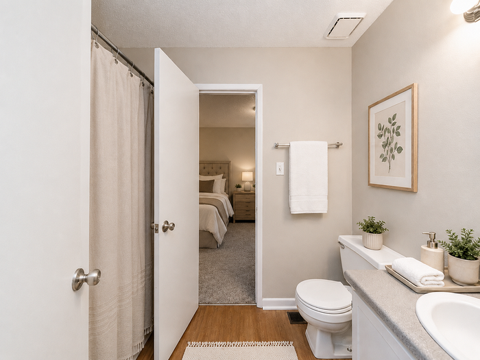 Elegant bathroom with modern fixtures, bright lighting, and a view into a cozy bedroom with neutral decor.