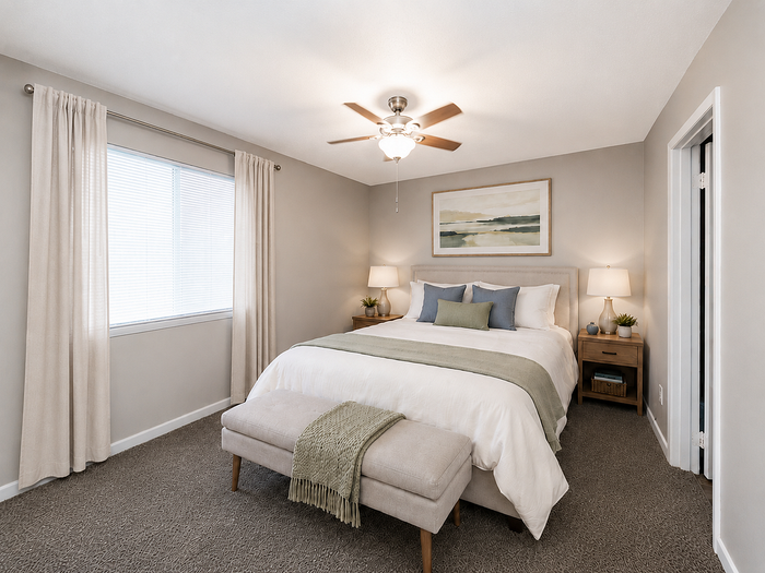Inviting bedroom with soft lighting, elegant decor, and cozy king-size bed, perfect for restful nights.