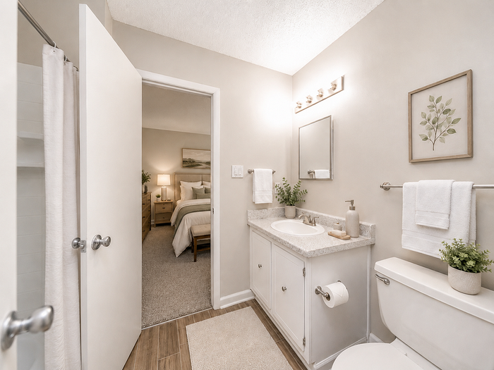 Inviting bathroom with elegant decor and view of cozy bedroom, featuring calming neutral tones and soft lighting.