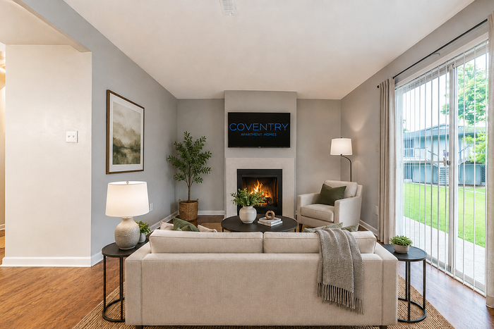 Inviting living room with cozy fireplace, elegant decor, and abundant natural light in Coventry Apartment Homes.