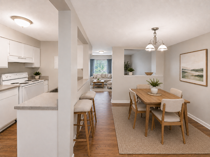 Inviting open-plan living space featuring a modern kitchen with bar seating, elegant dining area, and cozy lounge, ideal for comfortable gatherings.