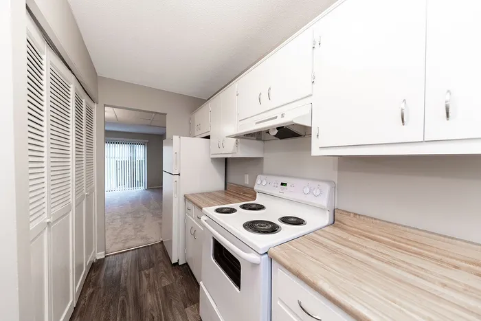 Bright and inviting galley kitchen with modern white cabinetry, sleek countertops, and a welcoming view into the living space through large glass doors.