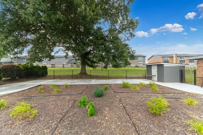 Charming outdoor area with lush landscaping and a majestic tree, perfect for relaxation and outdoor activities.