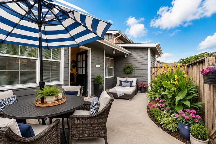 Charming outdoor patio with stylish wicker furniture, vibrant flower garden, and a striped umbrella against a clear blue sky.