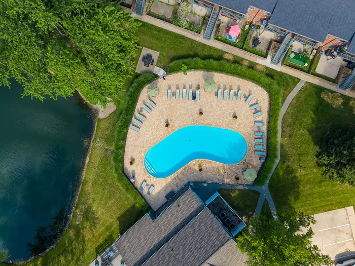 Aerial view of a luxurious outdoor swimming pool surrounded by elegant lounge chairs and greenery, adjacent to a tranquil pond and lush gardens.