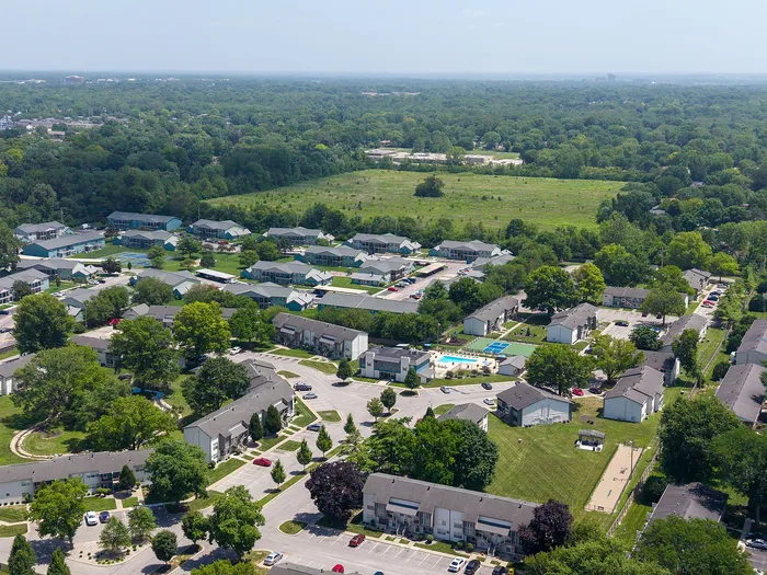 Aerial view of a charming residential community surrounded by lush greenery, featuring cozy homes, spacious parking, and a refreshing swimming pool.