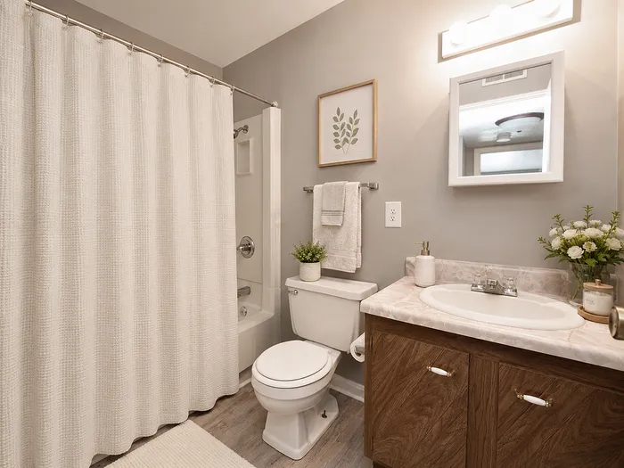 Elegant bathroom with modern decor, featuring a well-lit vanity, soft beige tones, and stylish floral accents.