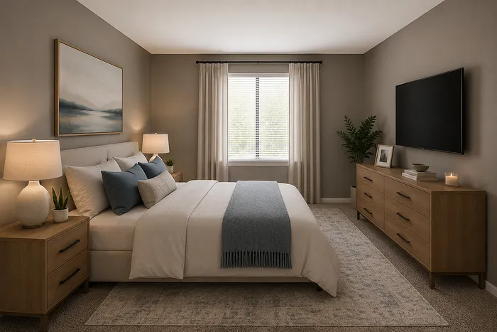 Elegant bedroom featuring a cozy bed with plush pillows, chic lamps, and a large window with natural light. Stylish decor with a calming landscape painting and abundant storage space.