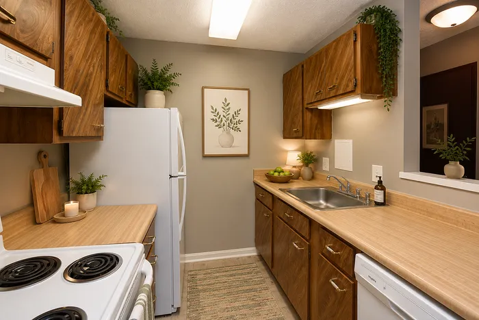 Charming and cozy kitchen with warm wooden cabinets, modern appliances, and elegant decor accents.
