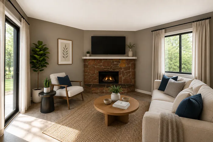 Inviting living room with a cozy stone fireplace, modern decor, and lush greenery views through large windows.