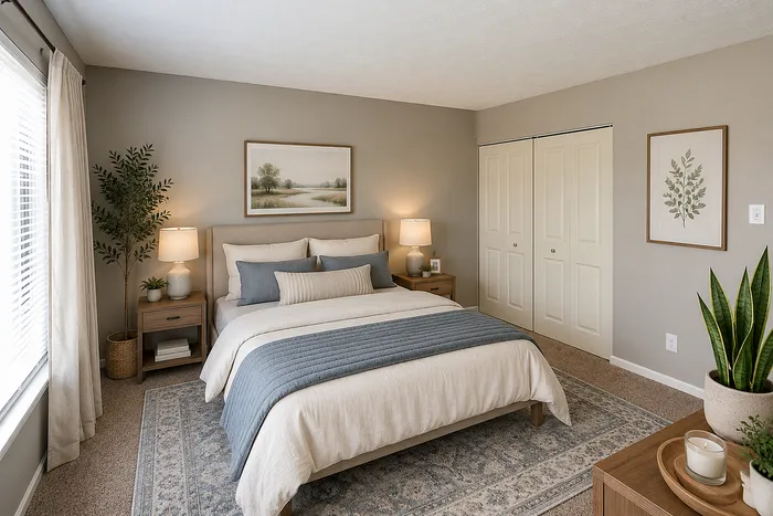 Inviting bedroom with elegant decor, featuring a cozy bed, stylish nightstands, and serene artwork.