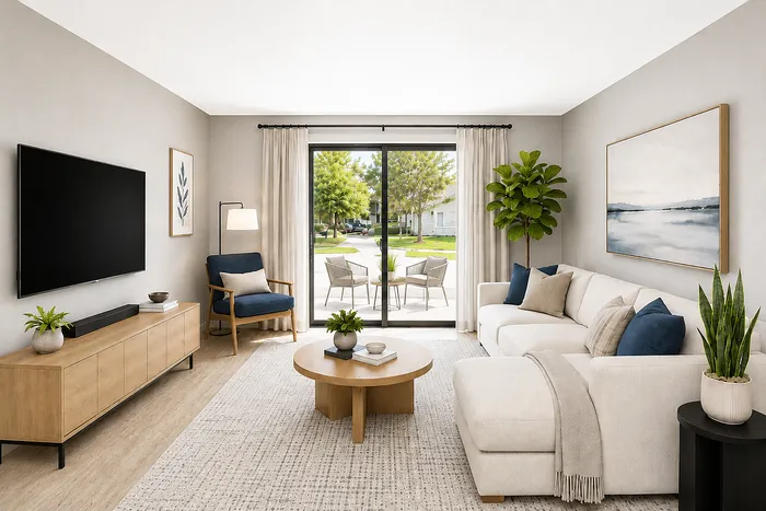 Bright and elegant living room with a spacious layout, featuring a modern sofa, large flat-screen TV, and a view of the lush outdoor garden through floor-to-ceiling windows.