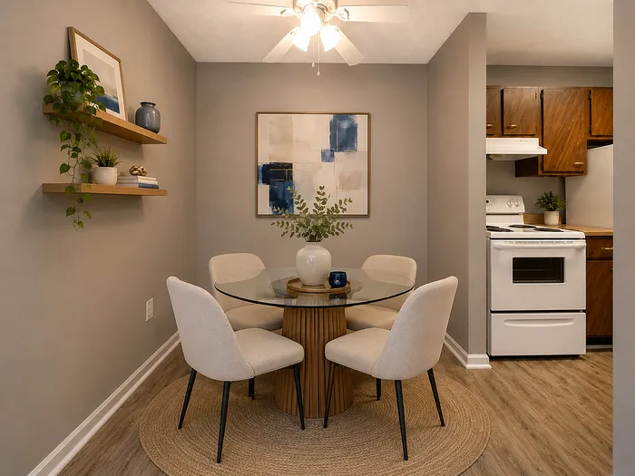 Elegant dining area with a glass-top table and plush chairs, complemented by modern decor and adjacent to a stylish kitchen.