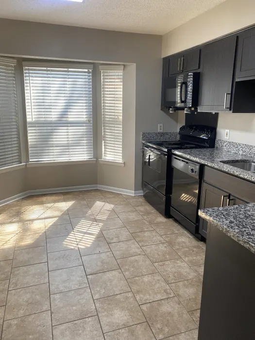 Modern kitchen with sleek dark cabinetry, granite countertops, and ample natural light from large windows.