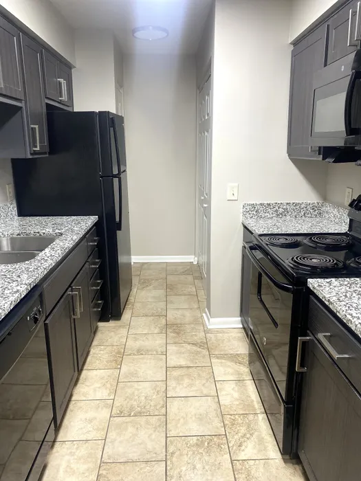 Modern kitchen with sleek granite countertops, stylish dark cabinetry, and stainless steel appliances, complemented by elegant tile flooring.