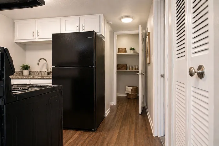 Chic kitchen with sleek black appliances, granite countertops, and an inviting pantry showcasing contemporary style.