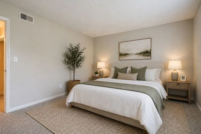 Cozy and elegant bedroom with neutral tones, featuring a plush bed, stylish bedside tables, and a tranquil green plant for a serene atmosphere.