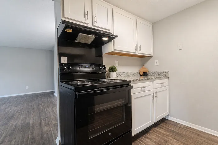 Modern kitchen with sleek black appliances, granite countertops, and white cabinets in a bright, open space.
