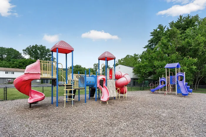 Vibrant playground with multiple slides and climbing structures in a lush, green community setting, perfect for family enjoyment.