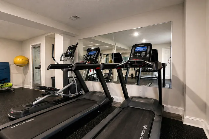 Modern apartment gym featuring state-of-the-art treadmills and fitness equipment for a healthy lifestyle.