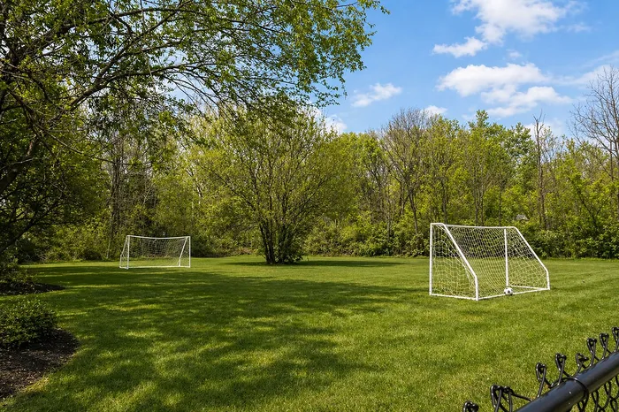 Expansive green soccer field with two goals, surrounded by lush trees under a clear blue sky.