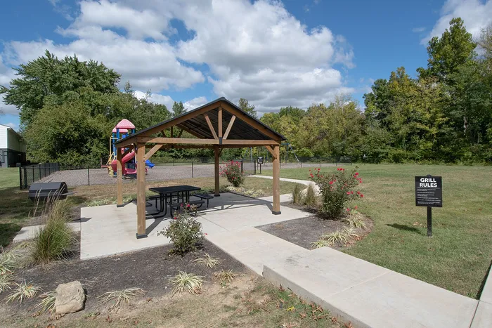 Inviting outdoor space with a pergola, picnic table, grill, and a colorful playground set amidst lush greenery.