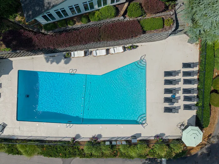 Inviting aerial view of a sparkling outdoor swimming pool with ample lounge chairs, surrounded by lush greenery and manicured landscaping.