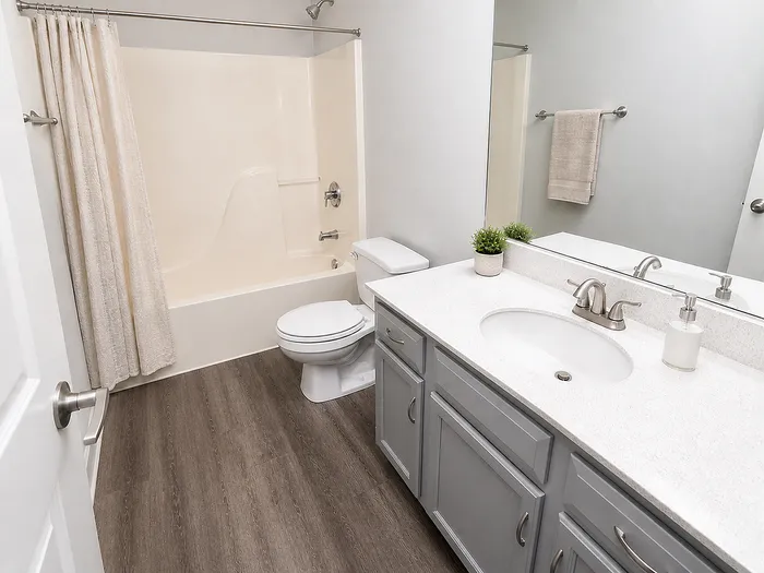 Modern bathroom with sleek fixtures, elegant vanity, and inviting tub area.