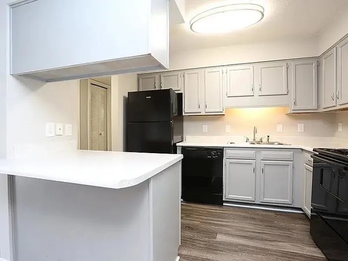 Modern kitchen with sleek gray cabinets, elegant countertops, and state-of-the-art appliances, perfect for culinary creativity.