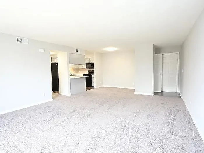 Spacious apartment with plush carpeting and open-concept design featuring a modern kitchen and ample natural light.