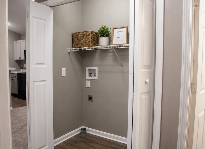Inviting laundry nook with a built-in shelf, sleek gray walls, and a touch of greenery for a modern feel.