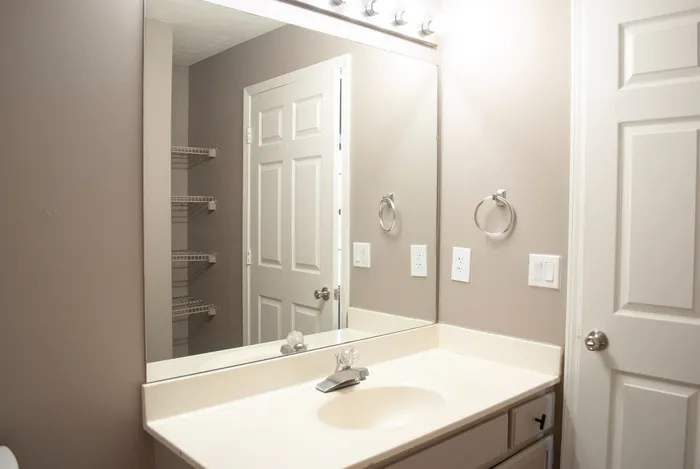 Bright and modern bathroom with a large mirror, sleek vanity, and ample shelving space, perfect for organizing essentials.