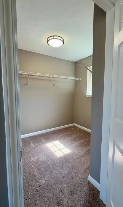 Inviting walk-in closet with beige carpet, ample shelving, and a gentle, natural light glow.