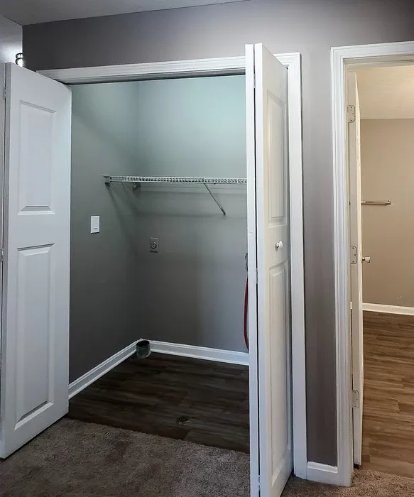 Spacious walk-in closet with sleek wood flooring and modern design, adjacent to a bright hallway.