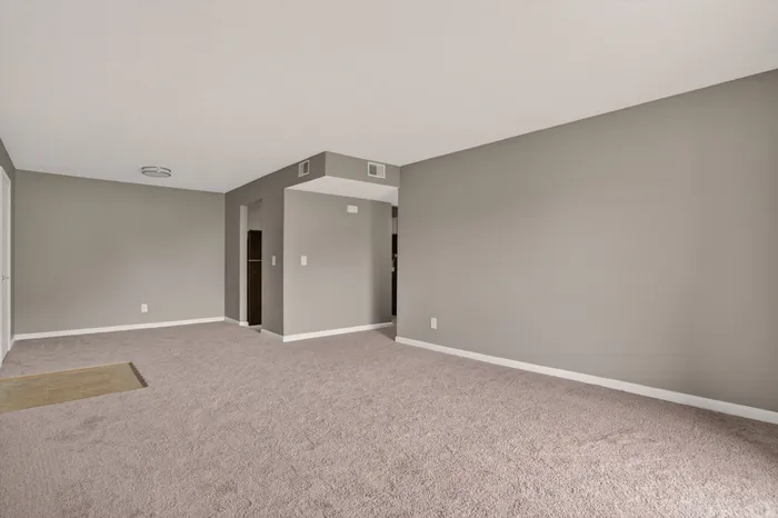 Spacious living room with plush carpet and neutral walls, ideal for versatile decor in modern apartments.