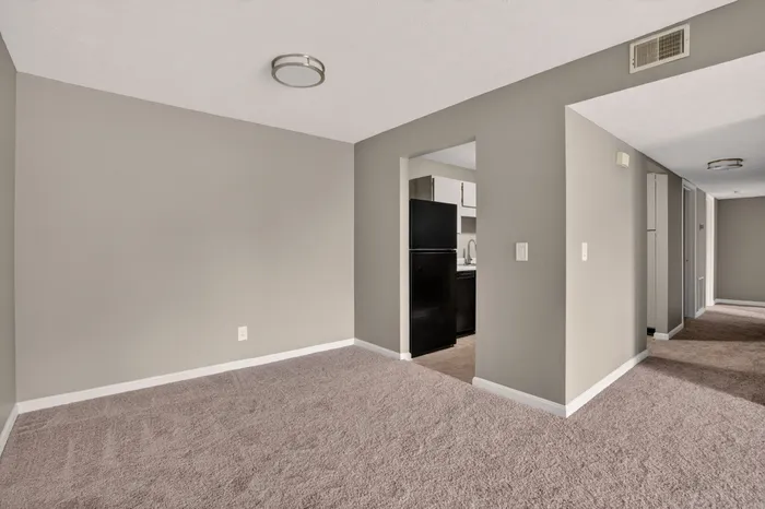 Bright living area featuring a cozy carpet, modern light fixture, and a glimpse into the stylish kitchen with sleek appliances.