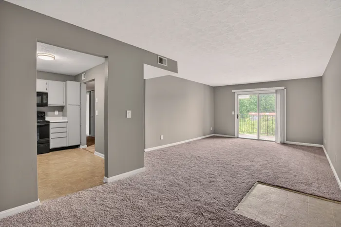 Inviting open-plan living space with modern kitchen, expansive carpeted area, and bright sliding glass door leading to a balcony with lush views.
