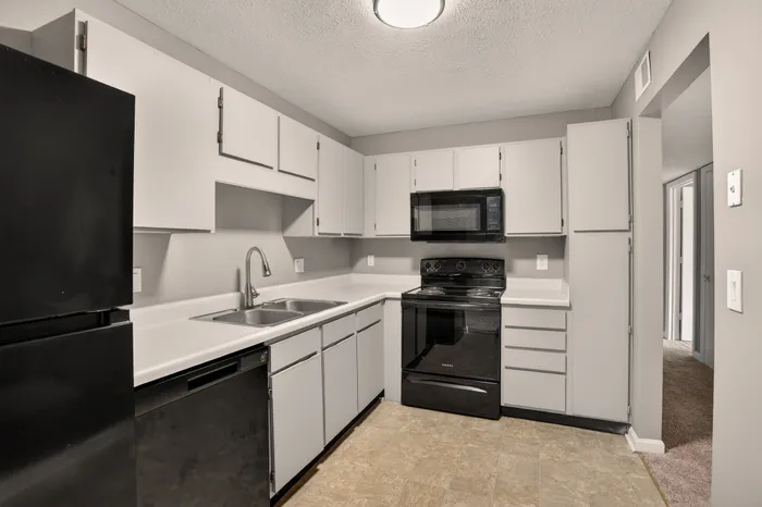 Modern kitchen with sleek black and white appliances, ample cabinetry, and stylish countertops, perfect for culinary enthusiasts.