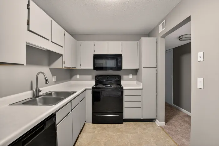 Modern kitchen with sleek white cabinetry, black appliances, and a dual sink, offering a contemporary and functional cooking space.