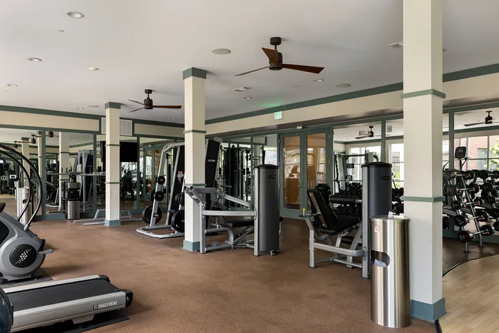 Modern fitness center equipped with state-of-the-art gym machines, free weights, and spacious workout areas.